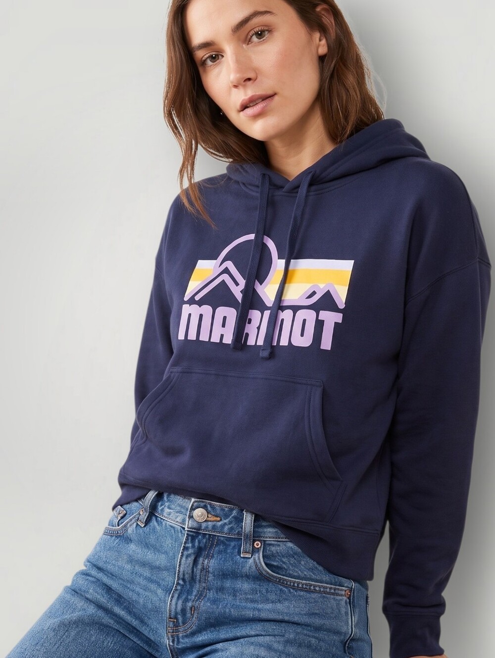 Marmot Cropped Hoodie Women's Medium Navy Retro Mountain Logo Sweatshirt